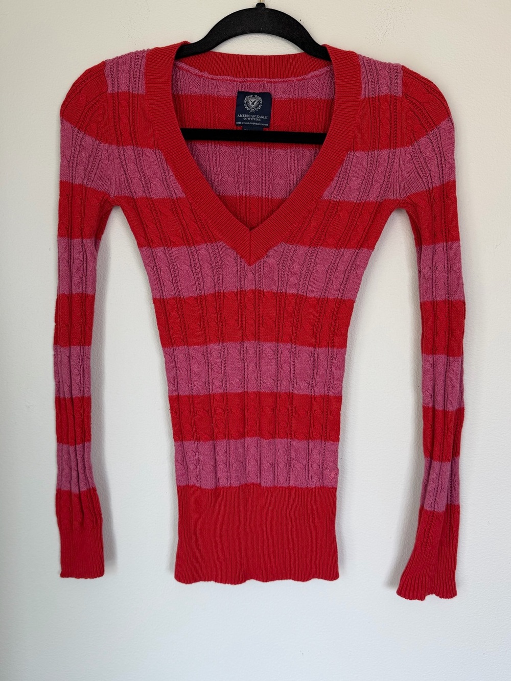Y2K Striped Knit American Eagle Outfitters Preppy V-Neck Sweater Top Academia